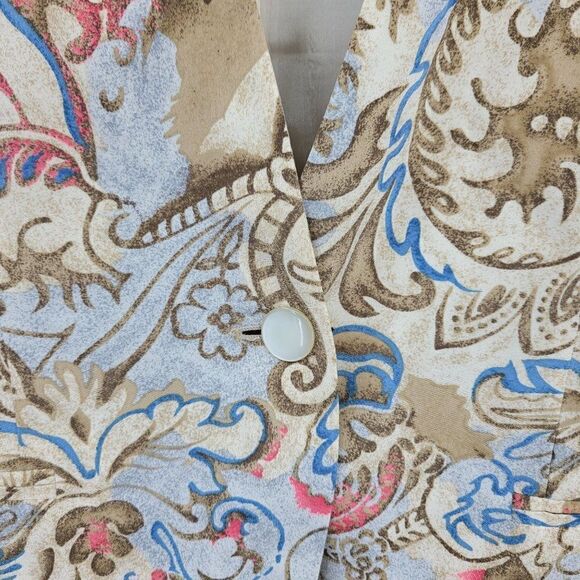 Vintage Preston & York‎ Blazer 14 Cream Blue Paisley Single Breasted Mid Thigh - Picture 8 of 10